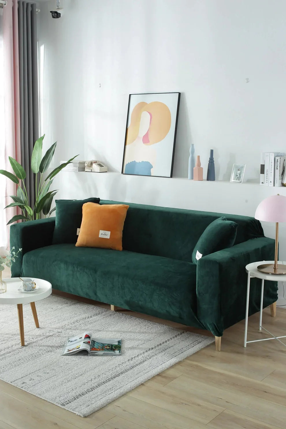 Dark Green Velvet Stretch Sofa Cover for Couch
