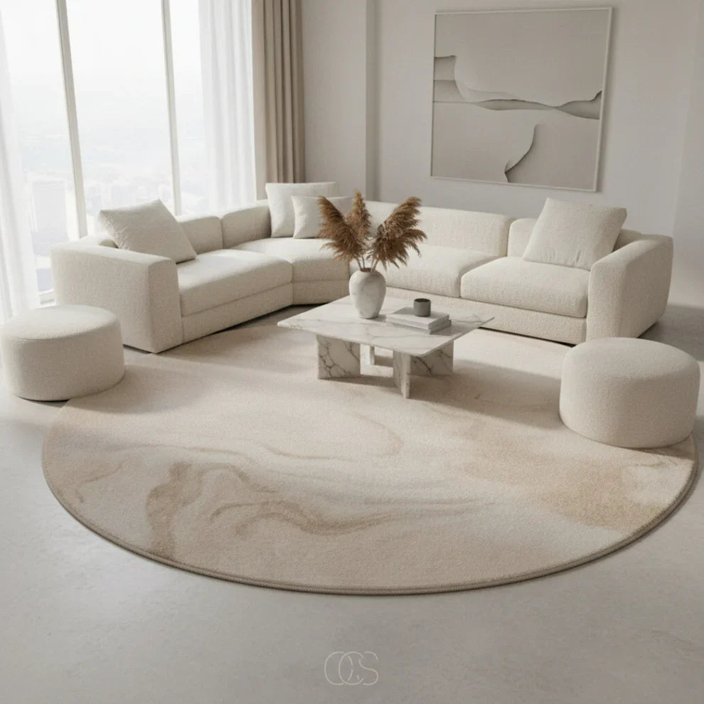 Round Beige Marble Area Rug for Living Room